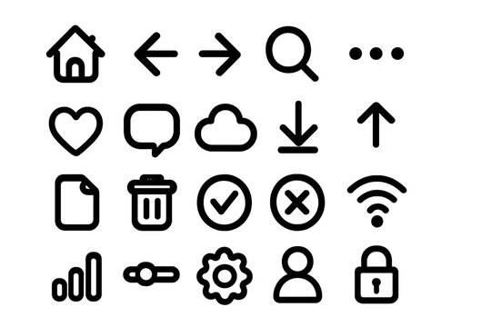 Simple black interface icons set for web and mobile design, vector cartoon illustration with transparent background, ordered collection of essential UI elements