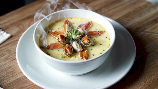Crab Seafood Soup in White Bowl on Wooden Table Crab Meat Chowder Gourmet Close-up
