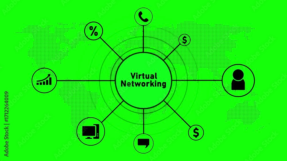 Poster virtual networking concept with icons and green world map background online connections remote colla