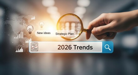 Hand Holding Magnifying Glass Over 2026 Trends Search Bar with Digital Data Charts and Icons