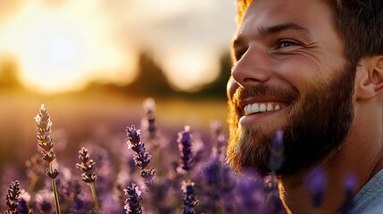 Bearded man smiling in lavender field at sunset, warm golden light illuminating his face as purple flowers sway in foreground, capturing joy and natural lifestyle moment.