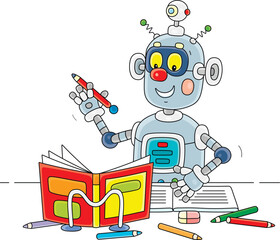 Cartoony robot doing homework for schoolchildren in primary school, vector cartoon illustration on a white background