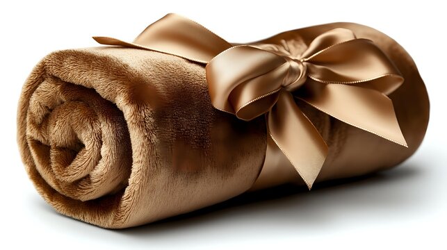 Rolled soft brown fleece blanket tied with elegant golden satin bow on white background, cozy home decor element for interior styling and gift presentation. - Powered by Adobe