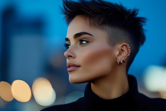 Young woman with short pixie haircut and multiple ear piercings in black turtleneck against blurred city lights background at dusk, profile view showing confident expression.