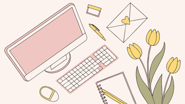 Flat lay illustration of computer keyboard notepad flowers and envelope.