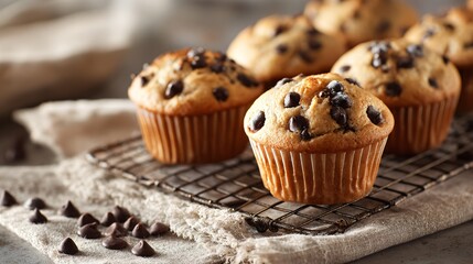 Warm chocolate chip muffins on cooling rack, rustic linen cloth, scattered chocolate chips, soft daylight