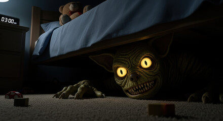 Scary monster under bed lurks in shadows. Monster under bed with glowing eyes and menacing grin is ready to frighten children at night. This scary monster under bed image evokes fear and suspense.