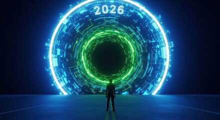Futuristic Man Standing in Front of Digital Circular Portal with 2026 Text Bright Neon Lights