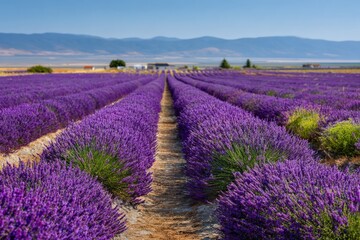 Vibrant lavender fields bloom under clear skies in a picturesque rural landscape