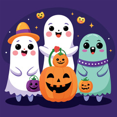Playful ghosts holding candy buckets halloween design