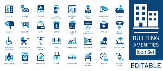 Building Amenities and Real Estate icon set. Contains symbols for Parking, Gym, Wi-Fi, Pet Friendly and Car Charging. Solid  vector icons for apartment facilities and property management.