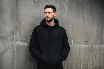 Obraz premium Urban portrait of a stylish bearded man in a plain black hoodie showcasing 