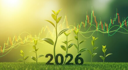 Young Green Plant Growing in Soil with 2026 Text and Financial Chart Overlay