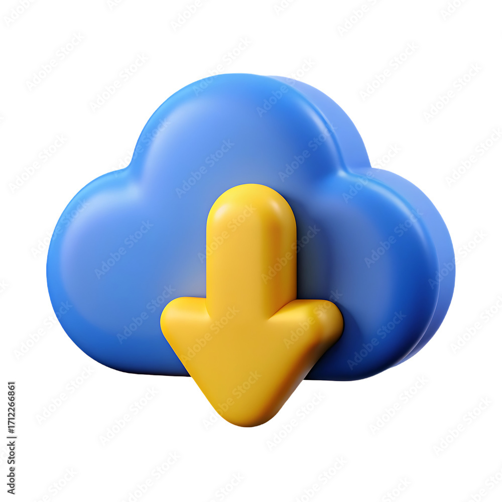 Poster 3d rendered blue cloud icon with yellow down arrow symbolizing download and data storage isolated on
