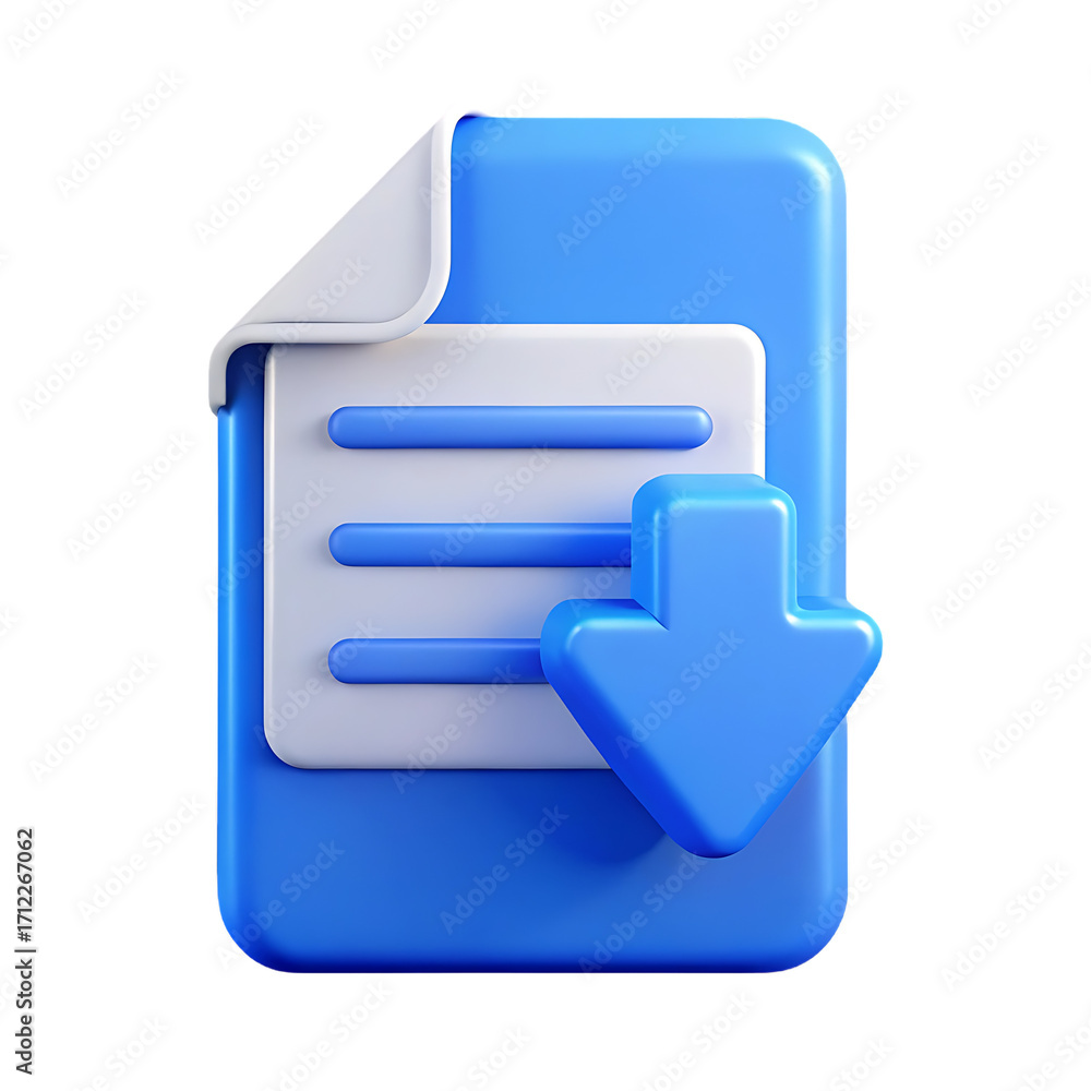 Poster 3d rendering of a blue document icon with a download arrow symbol on transparent background isolated