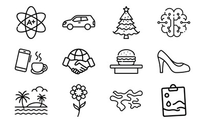 Set of Simple Line Icons – Atom Science Symbol, Car, Christmas Tree, Artificial Intelligence Brain, Mobile with Coffee Cup, Global Handshake, Burger, High Heel Shoe, Palm Trees Beach, Flower, Abstract