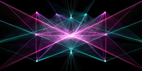 Abstract digital art with glowing pink and blue triangular lines forming symmetrical geometric pattern on black background