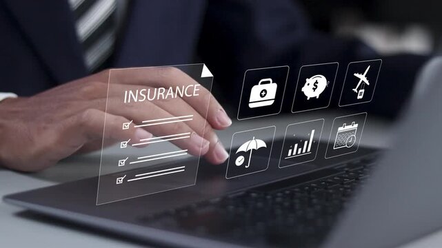 Insurance policy concept. Check list, Injury risk law legal preparedness and company agreement contract document. businessman use laptop with virtual icon.