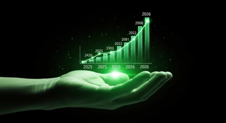 Green Hand Holding Digital Data Growth Chart with Year Markers in Futuristic Style