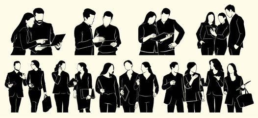 Silhouettes of business teams collaborating, discussing, and brainstorming around laptops, representing teamwork, office culture, and group communication.