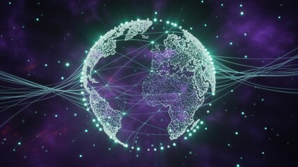 Digital earth globe illuminated with connections and data streams in a cosmic nebula background