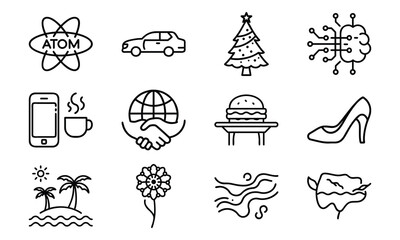 Set of Simple Line Icons – Atom Science Symbol, Car, Christmas Tree, Artificial Intelligence Brain, Mobile with Coffee Cup, Global Handshake, Burger, High Heel Shoe, Palm Trees Beach, Flower, Abstract
