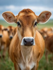 A brown cow gazes directly at the camera in a field. Several other cows can be seen in the background. The sky is overcast, suggesting an approaching storm