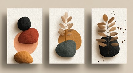 Harmonious Abstract Wall Art Trio: This stunning collection of abstract wall art showcases a trio of unique compositions, each carefully crafted with a minimalist approach, soft colors.