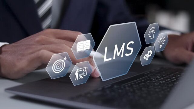 LMS, Learning management system concept. Lesson and online education, course, application, education and e learning. Businessman use laptop with virtual icons.