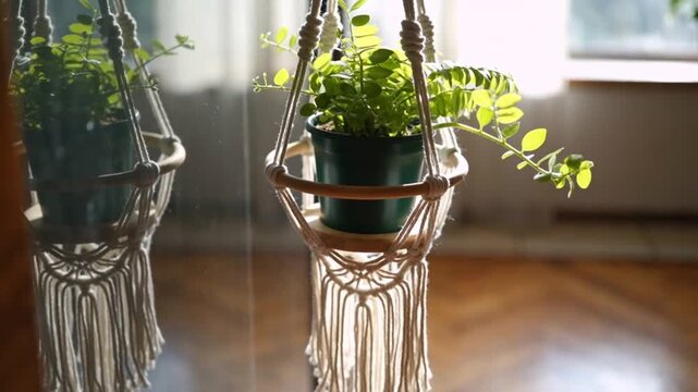 Macrame plant hanger with green potted plant by window