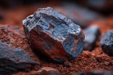 Close-up of a mineral rock with metallic luster on reddish-brown soil in an outdoor setting during bright daylight