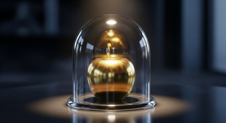 Golden Apple Enclosed in Glass Dome on Table