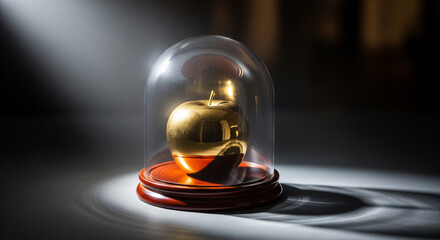 Golden Apple in Glass Case with Wooden Base