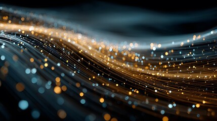 Dynamic, abstract photograph of glowing blue and gold particles rising like digital streams from a futuristic surface on a dark background.