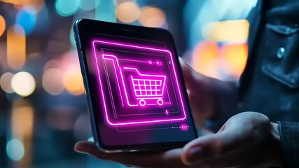 Person holding a smartphone displaying a glowing shopping cart icon in a vibrant urban setting - Powered by Adobe