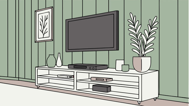 Modern living room interior design with TV shelves and plants.
