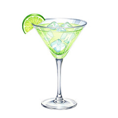 Bright Green Margarita Cocktail with Lime and Ice in Glass on transparent background