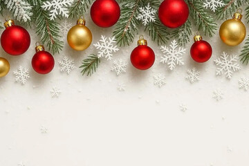 Christmas top border of red and gold baubles, snowy branches and snowflakes. Overhead view on a white banner background. Copy space
