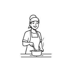 Black and White Vector Illustration of a Smiling Woman Cooking in Kitchen with Apron and Headband