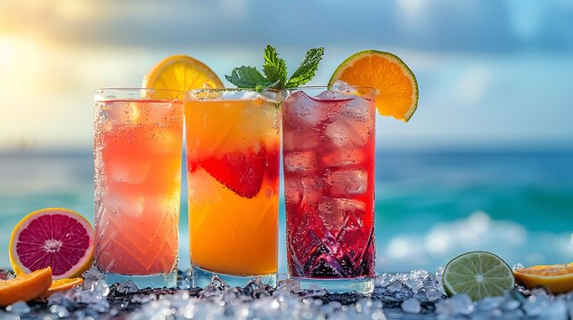 Refreshing Tropical Drinks with Citrus Fruits by the Ocean