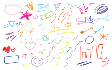 Hand drawn colorful doodles on white paper