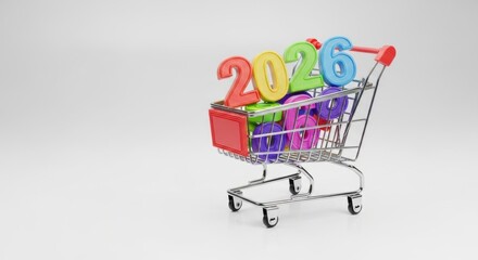 Colorful Year 2026 Numbers Inside Shopping Cart with Purple Coins on White Background