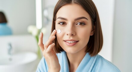 A happy young woman applies anti-aging gel to her face, demonstrating her daily skincare routine with a radiant smile, perfect for a beauty and health ad.
