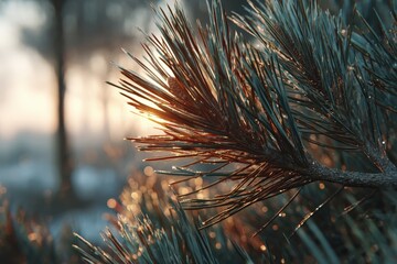 Pine branch glimmers in morning light with dew on needles and blurred forest in background