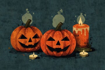 Still life of pumpkins and candles halloween gloomy atmosphere
