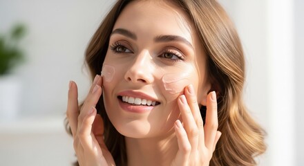 A happy young woman applies anti-aging gel to her face, demonstrating her daily skincare routine with a radiant smile, perfect for a beauty and health ad.