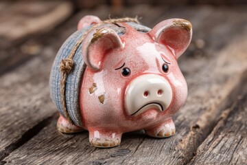 Piggy bank with a sad expression sitting on a rustic wooden surface during bright daylight