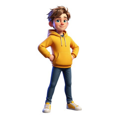 Happy animated young boy with headphones wearing a yellow hoodie and jeans