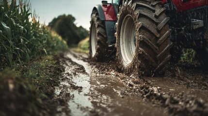 A tractor driving on a muddy road next to a cornfield.