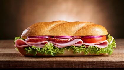 Submarine sandwich with ham, cheese, lettuce, tomatoes,onion, mortadella and sausage on wood